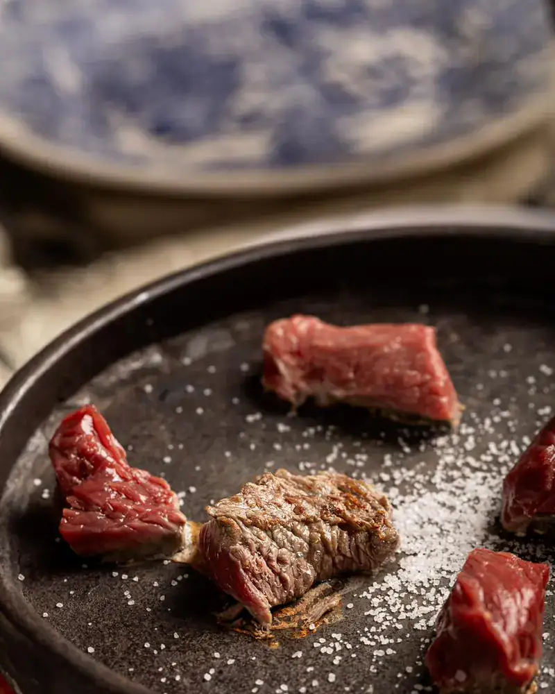 Cortes de carne selados na pedra de sal quente da Hannover